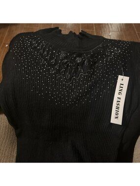 Long Fashion Beautiful Bling Black Sweater With Beads Embroidered Sheer Sz Large